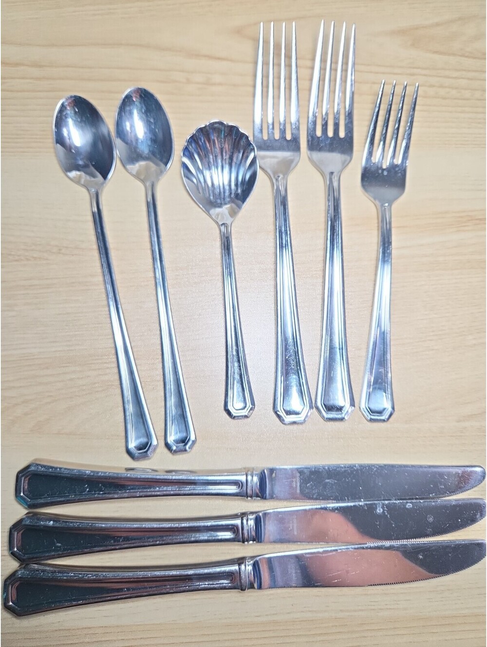 Gorham MONET GLOSSY 18/8 Stainless Flatware Set - 9 Pieces Forks, Knives, Spoons